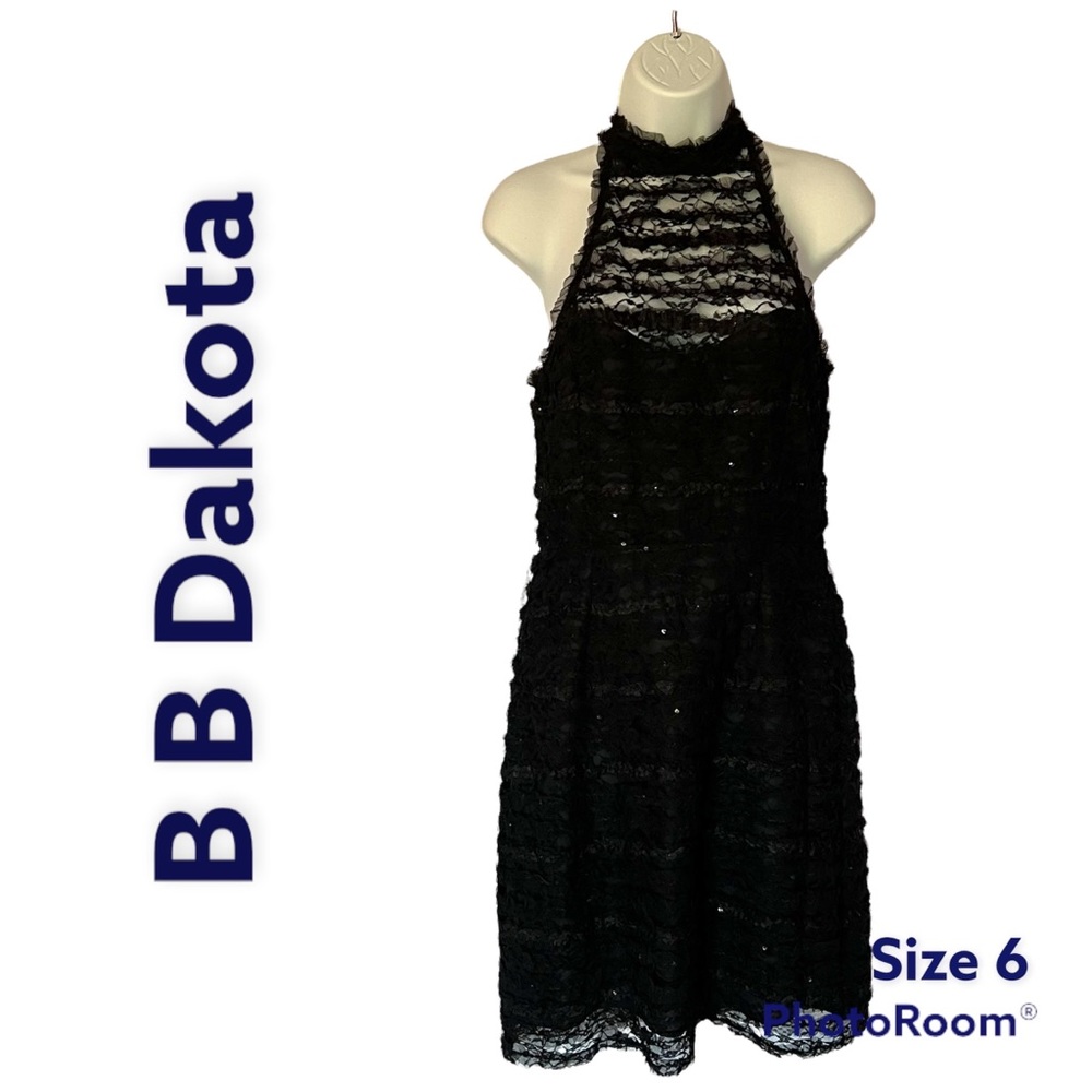 BB Dakota women black halter mini dress ruffle lack sequin semi sheer lined sz 6